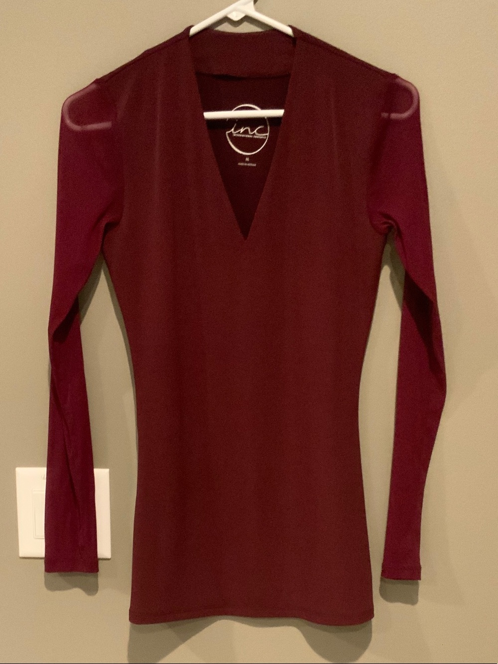 INC International Concepts Long Sleeve V-Neck Top Burgundy